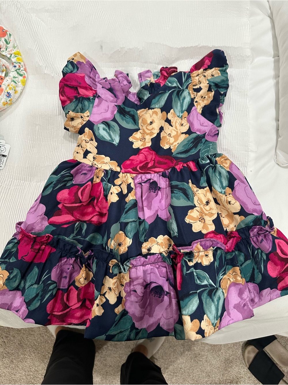 Janie and Jack Navy Floral Ruffle Dress - Pink, Purple & Yellow Blooms